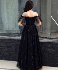 Bridesmaid Dresses Dusty Rose, Black Tulle Off Shoulder Long Prom Dress, Black Formal Dress
