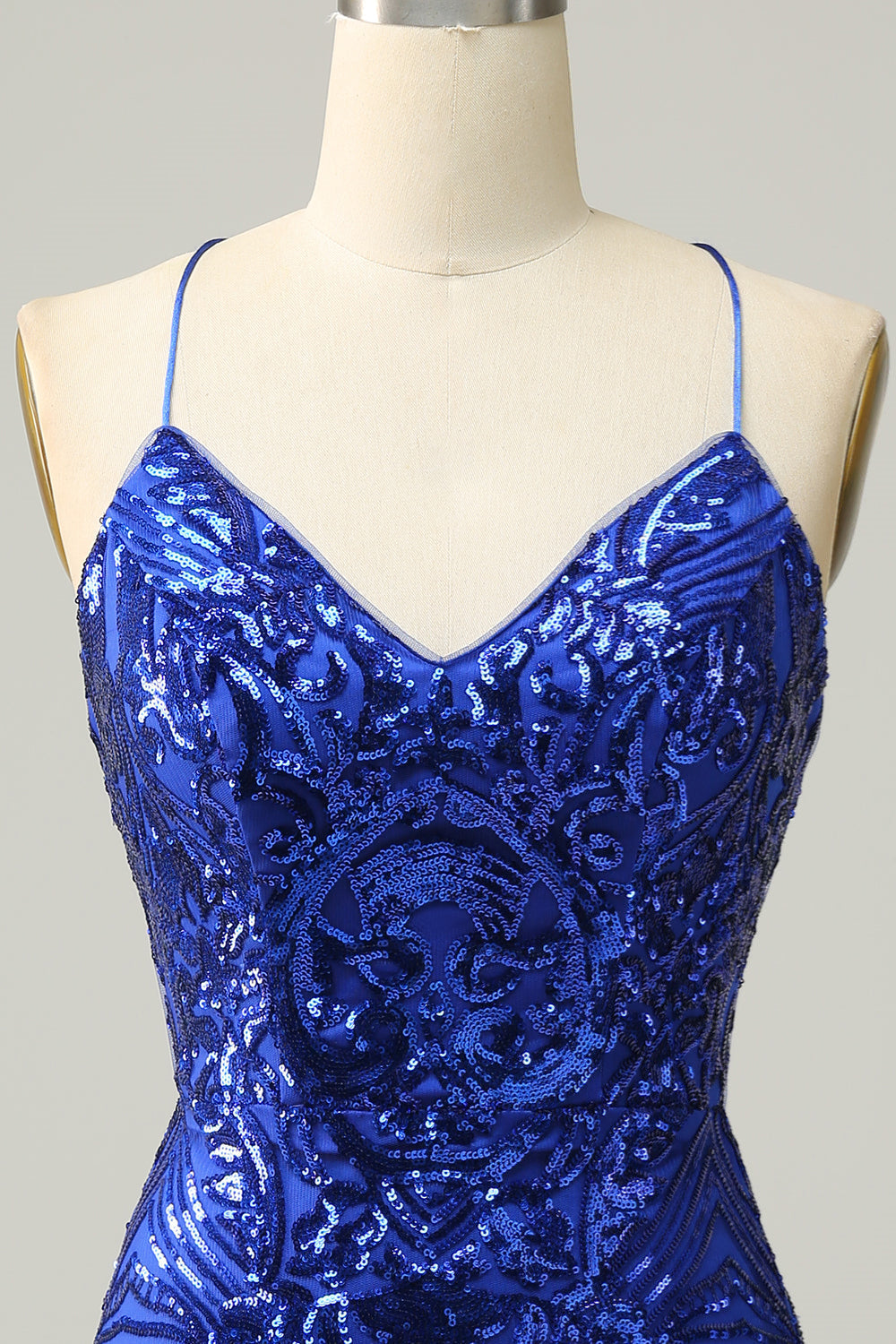 Dress Short, Royal Blue Sheath Lace-Up V Neck Sequins Homecoming Dress