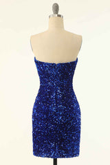 Off Shoulder Prom Dress, Royal Blue Sequin Strapless Mini Homecoming Dress