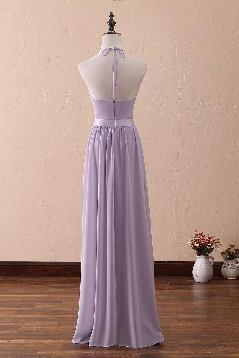 Wedding Color, Lilac Halter Open Back Ruffled Long Bridesmaid Dress