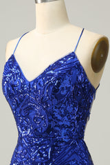 Dress Formal, Royal Blue Sheath Lace-Up V Neck Sequins Homecoming Dress