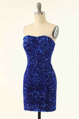 Black Long Dress, Royal Blue Sequin Strapless Mini Homecoming Dress