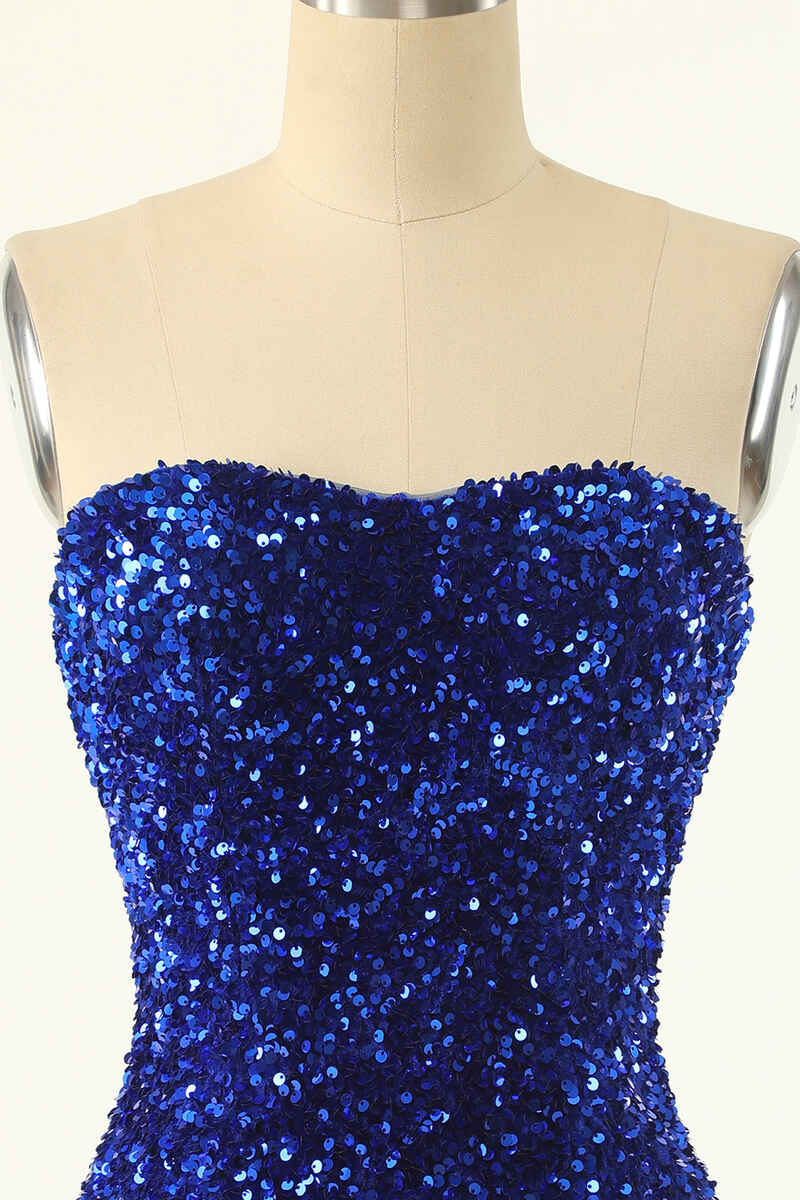 Satin Bridesmaid Dress, Royal Blue Sequin Strapless Mini Homecoming Dress