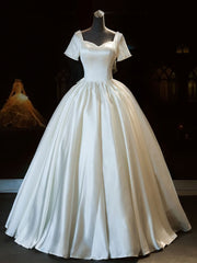 Wedding Dress Sleeve, White Sweetheart Satin Long Bridal Dress, White Wedding Dress
