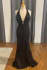 Prom Dressed Black, Black Sequin Halter Mermaid Long Prom Dress