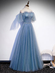 Bridesmaid Dress For Beach Wedding, Blue Sweetheart Tulle Sequin Long Prom Dress, Blue Formal Dress, 1