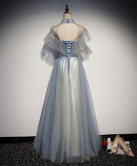 Party Dresses Wedding, Light Blue Tulle Lace Long Prom Dress, Tulle Evening Dress