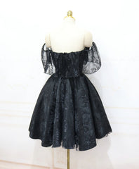 Garden Wedding, Black Sweetheart Tulle Short Lace Prom Dress, Lace Homecoming Dress