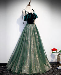Party Dresses Size 33, Green Tulle Lace Long Prom Dress, Green Tulle Lace Formal Dress, 1