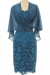 Formal Dress Long, Fake Two-Piece Teal Blue Lace Bodycon Mother of the Bride Dress