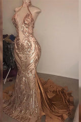 Formal Dress Elegant, 2024 Mermaid Dusty Rose Halter Long Backless Lace Prom Dresses