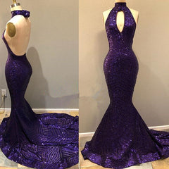 Evening Dress Mermaid, 2024 Purple Sequence Mermaid Backless Long Prom Dress