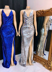 Formal Dress Shop Near Me, 2024 Silver Halter Sequence Side Slit Backless Long Prom Dresses