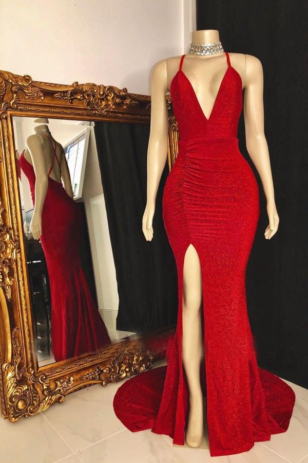 Evening Dress Designers, Red Side Slit Sequence V Neck Backless Long Prom Dress 2024