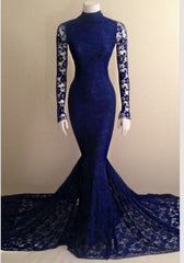 Evening Dresses Knee Length, 2024 Mermaid Long Sleeves Royal Blue Lace High Neck Long Prom Dress