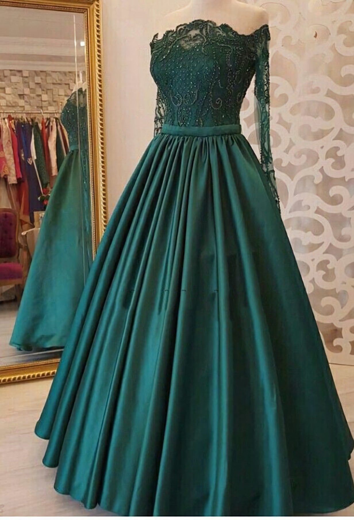 Formal Dress Shops Near Me, 2024 A Line Dark Green Long Sleeves Off Shoulder Appliques Long Prom Dresses
