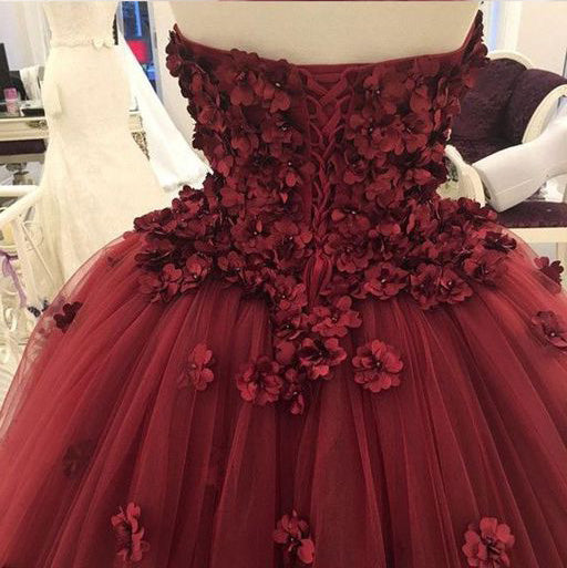 Evening Dresses For Over 62S, Strapless Tulle With Appliques Lace Up Back Burgundy Ball Dresses