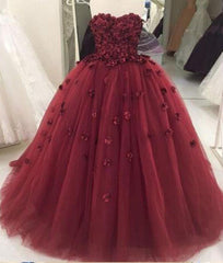 Evening Dresses For Over 62, Strapless Tulle With Appliques Lace Up Back Burgundy Ball Dresses