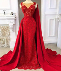 Evening Dress Suit, 2024 Red Tulle With Appliques Long Satin Sheath Prom Dress