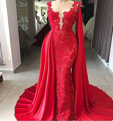 Evening Dresses Suits, 2024 Red Tulle With Appliques Long Satin Sheath Prom Dress