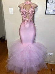 Formal Dresses Shop, 2024 Mermaid Tulle Halter Pink Floral Backless Long Prom Dresses