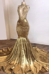 Formal Dress Style, 2024 Mermaid Gold Velvet High Neck V Neck Prom Dresses