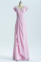 Formal Dresses Cheap, Short Sleeves Pink Appliques Knot Long Bridesmaid Dress