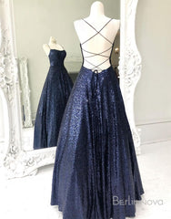 Bridesmaid Dresses Mismatched Winter, Long Navy Blue Sequin Prom Dress