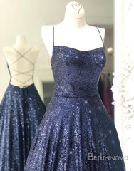 Bridal Shower Games, Long Navy Blue Sequin Prom Dress