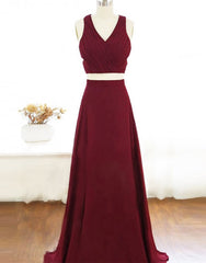 Prom Dress Blue Long, Two Piece Prom Dresses A-Line Floor-length Burgundy Chiffon Prom Dress