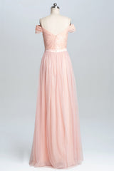 Bridesmaids Dress Colors, Off the Shoulder Pink Lace and Tulle Long Bridesmaid Dress