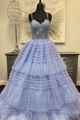 Prom Dresses For Curvy Figures, Periwinkle Lace Sweetheart Tiered Long Prom Dress with Ruffles