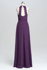Homecoming Dresses Floral, Purple Halter A-line Pleated Long Bridesmaid Dress