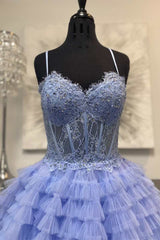 Prom Dresses Long Mermaid, Periwinkle Lace Sweetheart Tiered Long Prom Dress with Ruffles