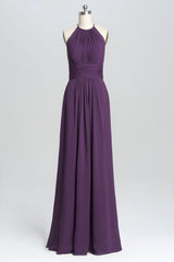 Homecomming Dresses Floral, Purple Halter A-line Pleated Long Bridesmaid Dress