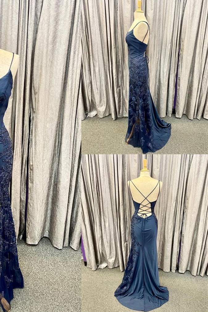 Homecoming Dress Sparkle, Elegant Navy Blue Long Prom Dress with Lace Appliques