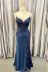 Homecoming Dress Sparkles, Elegant Navy Blue Long Prom Dress with Lace Appliques