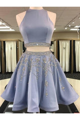Bridesmaid Dresses Color, A Line 2 Pieces Beaded Satin Short Homecoming Dresses, Scoop