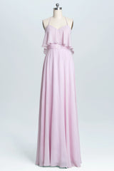 Prom Dress Shops Near Me, Pink Straps Flounce Chiffon A-line Long Bridesmaid Dress