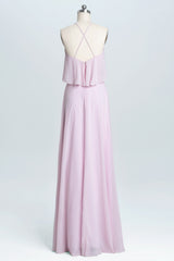 Prom Dress Shop Near Me, Pink Straps Flounce Chiffon A-line Long Bridesmaid Dress