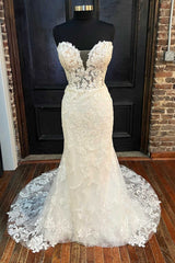Wedding Dress Cheaper, White Appliques Strapless Mermaid Long Wedding Dress