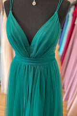 Party Dress Roman, Hunter Green A-line Plunging V Neck Double Straps Pleated Long Prom Dress