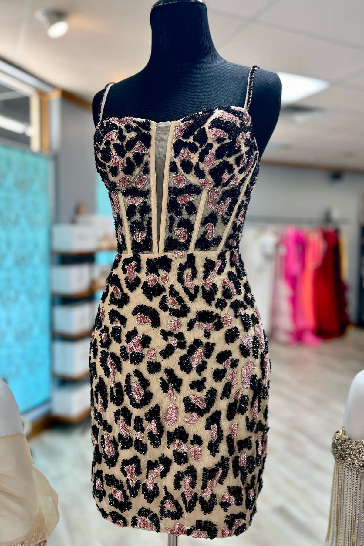 Party Dress Styles, Leopard Print Sheath Straps Homecoming Dress