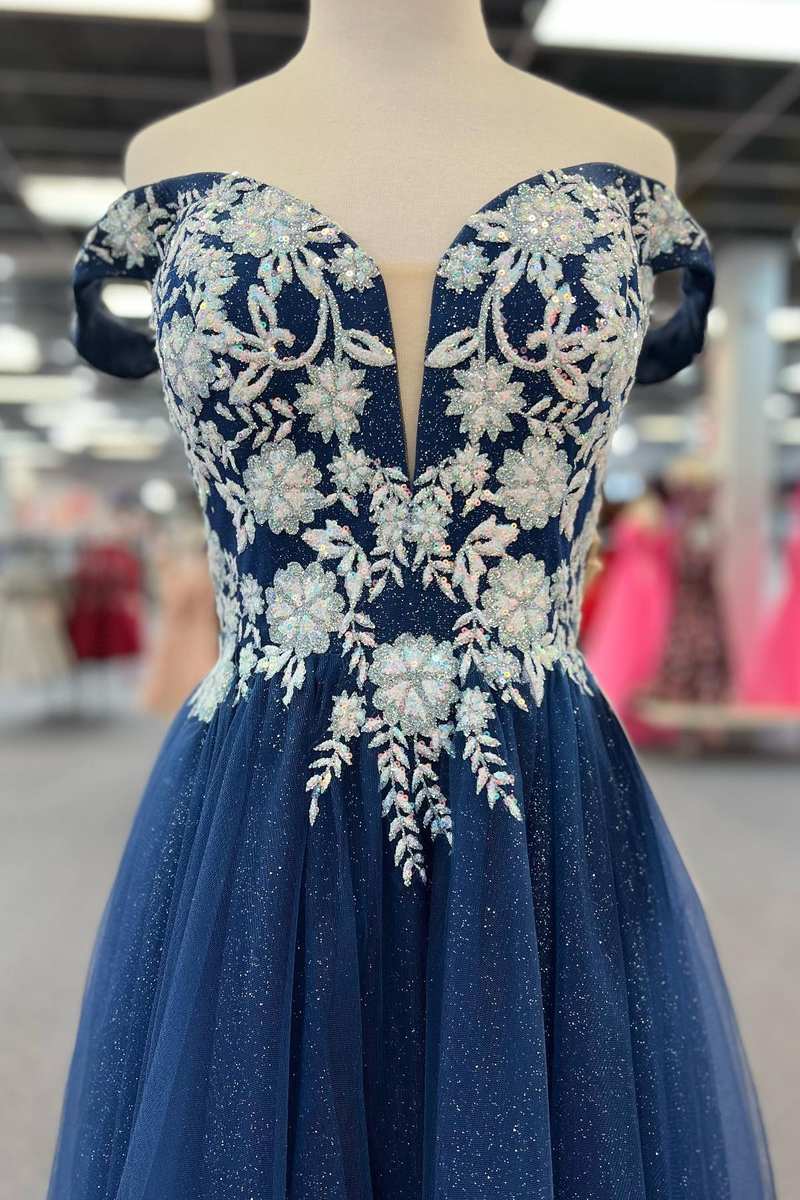 Bridesmaids Dresses Fall, Navy Blue Floral Applique Lace-Up A-Line Long Prom Dress