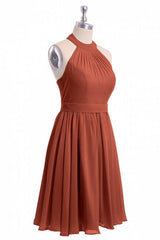 Formal Dress For Girls, Rust Orange Chiffon Halter Backless A-Line Short Bridesmaid Dress