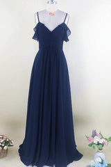 Bridesmaid Dress 2055, Navy Blue Chiffon Cold-Shoulder A-Line Long Bridesmaid Dress