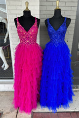 Formal Dresses Black, Fuchsia Layers Floral Tulle A-line Long Prom Dress