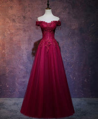 Royal Dress, Burgundy Tulle Lace Off Shoulder Long Prom Dress, Burgundy Lace Evening Dress