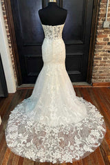 Wedding Dress Cheap, White Appliques Strapless Mermaid Long Wedding Dress