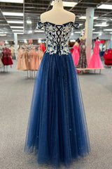 Bridesmaid Dress Colours, Navy Blue Floral Applique Lace-Up A-Line Long Prom Dress